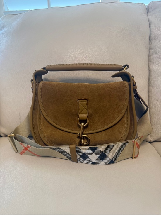 Burberry Handbags - Burberry Suede Saddle Crossbody in Brown with Check Strap